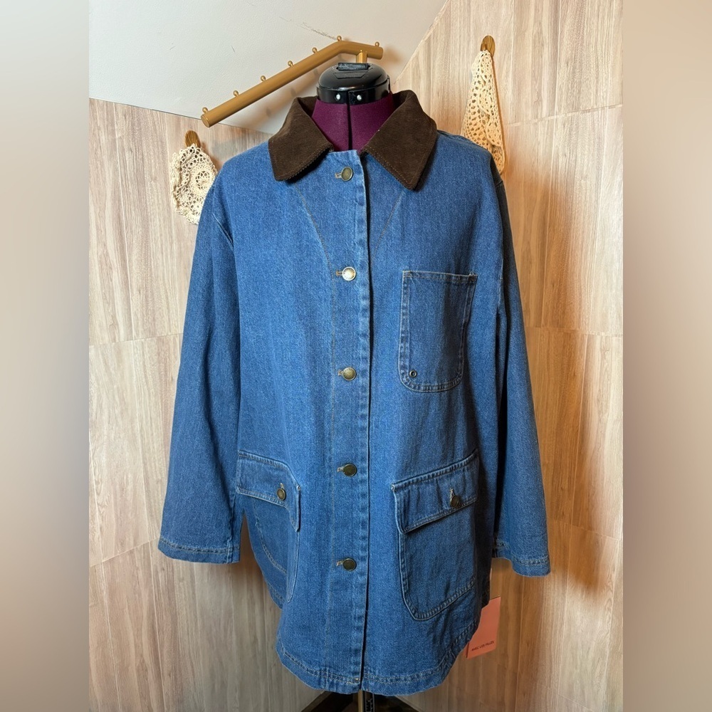 Avec Les Filles Blue Denim Jacket with Rich Dark Brown Corduroy Collar